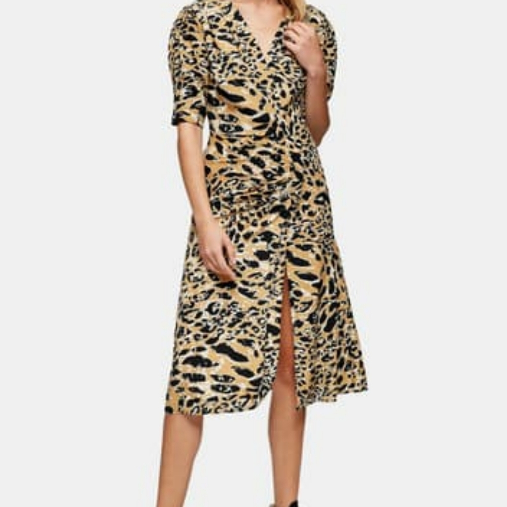 NWT TOPSHOP Tan Leopard Print Mock Wrap Dress